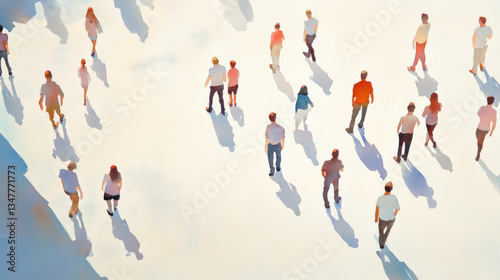 A watercolor painting featuring a group of people seen from above, scattered across a vast, light-colored background