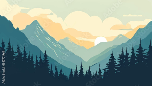 Mountain landscape with beautiful sunset view. Nature landscape. Vector illustration.