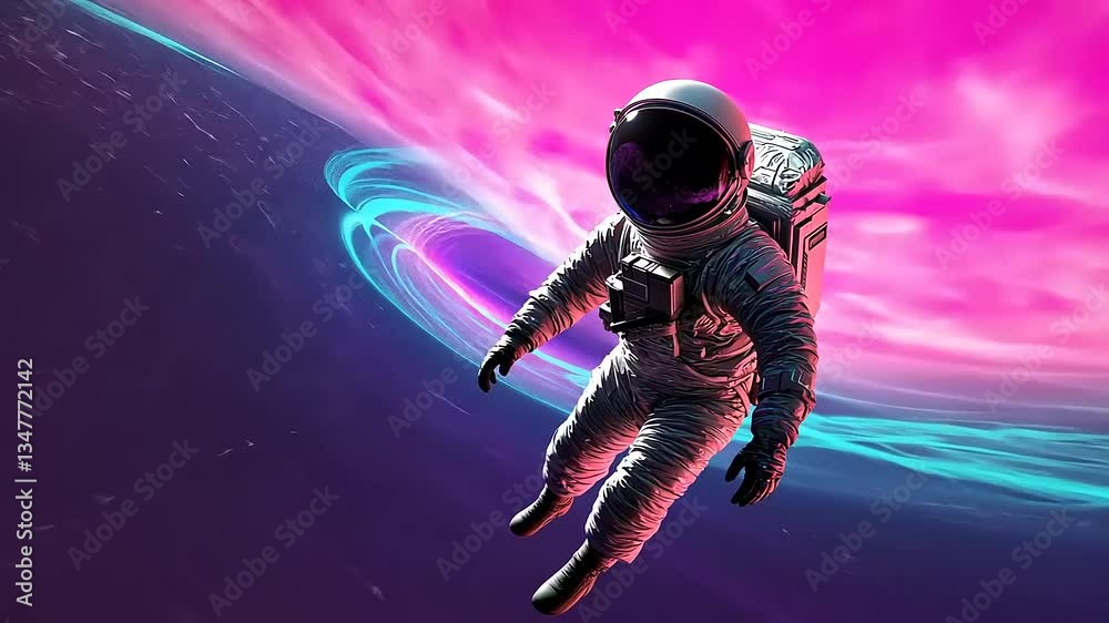 An astronaut floats weightlessly in a colorful, cosmic ocean of purple and teal waves. An astronaut floats weightlessly in a colorful, cosmic ocean of purple and teal waves.