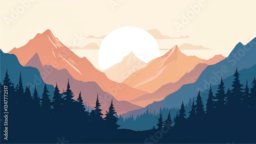 Mountain landscape with beautiful sunset view. Nature landscape. Vector illustration.