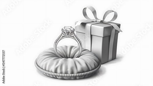 Elegant diamond ring nestled on a plush cushion presented in a silver gift box