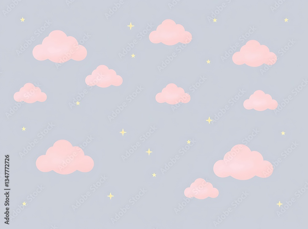 Obraz premium A dreamy kawaii style wallpaper with fluffy pink clouds, twinkling stars, and a soft gradient for a cute, playful aesthetic. 