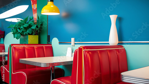Retro diner booth seating vibrant colors classic design