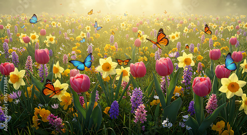 field of tulips and flowers