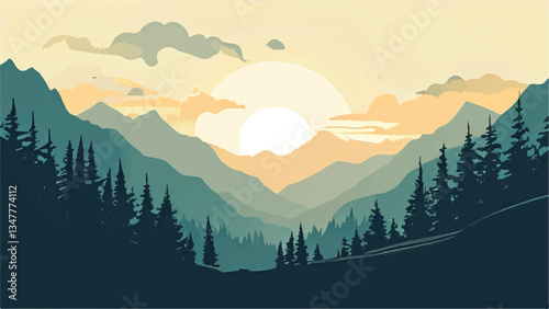 Mountain landscape with beautiful sunset view. Nature landscape. Vector illustration.