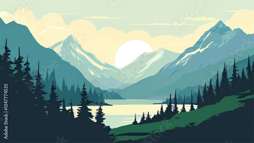 Mountain landscape with beautiful sunset view. Nature landscape. Vector illustration.