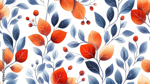 Fototapeta Naklejka Na Ścianę i Meble -  Watercolor Floral Seamless Pattern: Red, Orange, and Blue Leaves on White Background