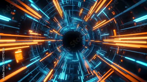Sci-Fi Circular Structure with Glowing Lines and Black Hole