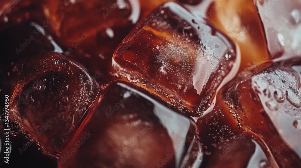 Close-up of ice cubes in a dark brown carbonated beverage. Close-up of ice cubes in a dark brown carbonated beverage.