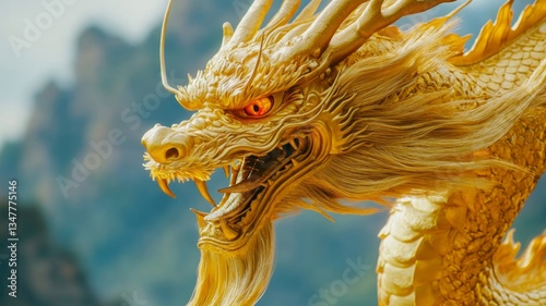 Golden Dragon Statue Majestic Head Close Up