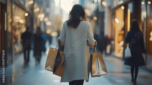 Stylish shopper strolling through urban street with shopping bags in hand