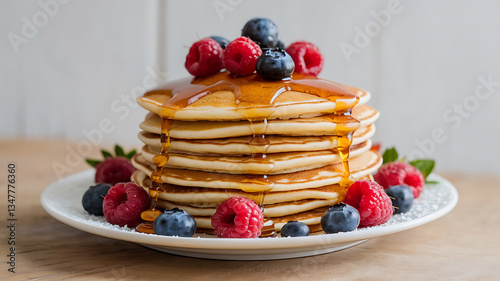 Wallpaper Mural Stack of golden brown pancakes drizzled with syrup topped with fresh raspberries and blueberries Torontodigital.ca