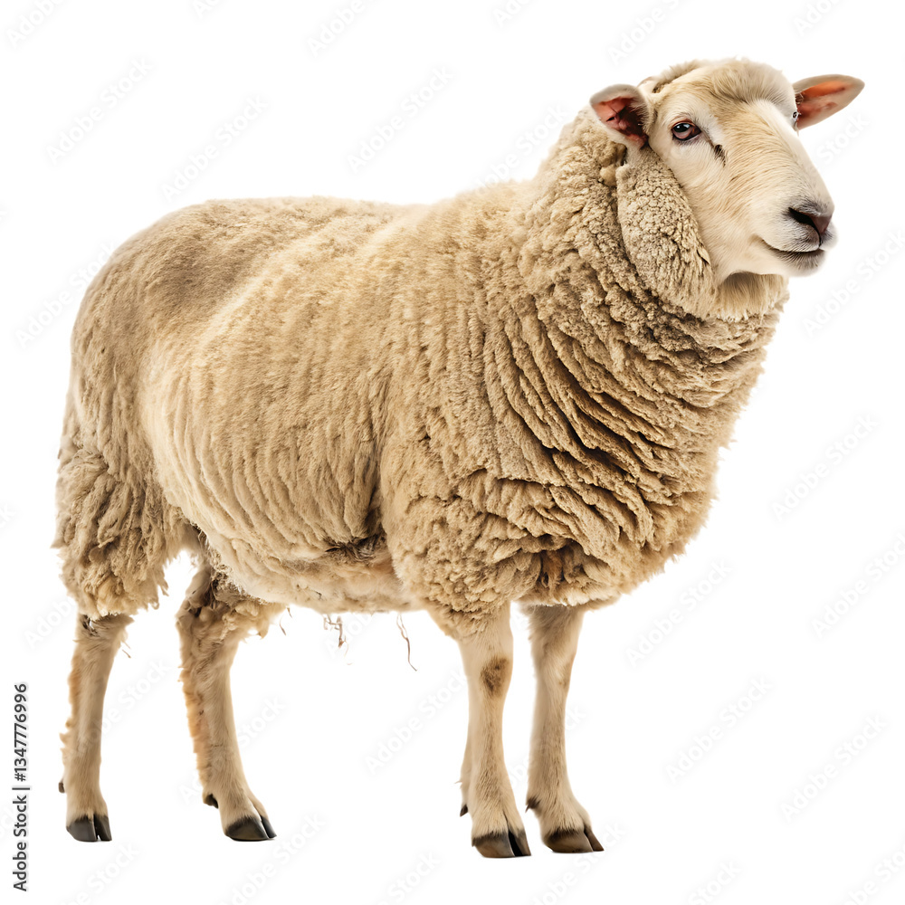 Obraz premium A fluffy sheep standing in front of a black background looking right isolated on a transparent background Png
