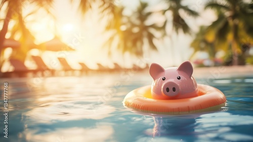 Piggy bank relaxing on inflatable ring in swimming pool at sunset