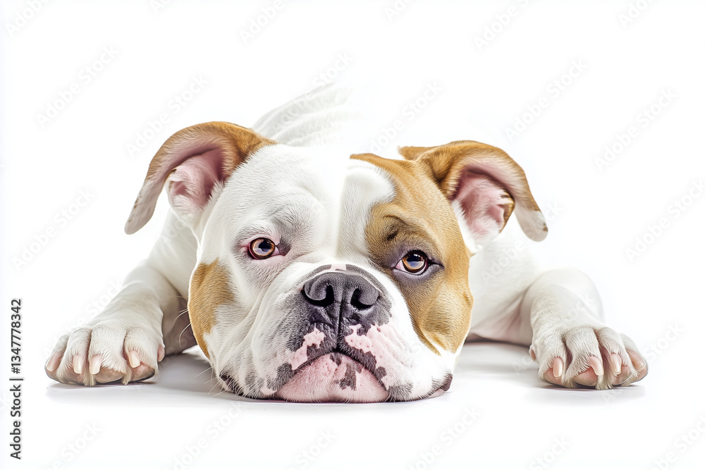 Playful bulldog puppy resting its paws on a white surface Playful bulldog puppy resting its paws on a white surface