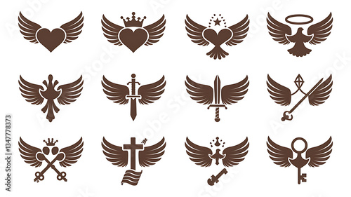 Set of vintage-style heraldic emblems featuring wings hearts swords doves keys and crosses
