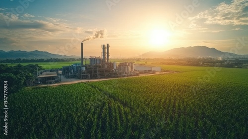 Scenic view of sugar cane fields with industry at sunset. Image for agricultural and industrial concept, background use.