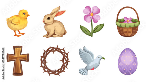 Easter icons: chick, rabbit, flower, basket, cross, crown of thorns, dove, egg.

