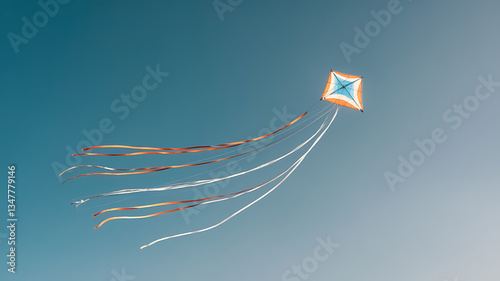 Kite soars in a vibrant blue sky.
