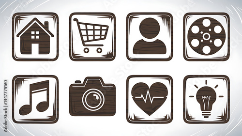 Vintage icons for home, shopping, profile, film, music, camera, health, and idea.

