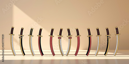 Row of various colored swords.