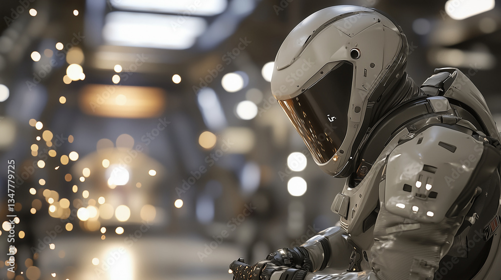 Fototapeta premium Soldier Adjusting High-Tech Exoskeleton in Dim Hangar with Sparks