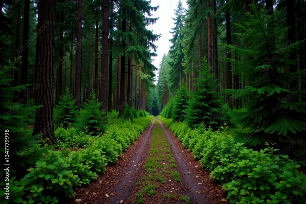 Fototapeta premium abandoned path through fir forest in overcast weather , abandoned, overcast