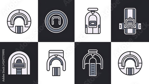 Medical imaging equipment icons, various views.
