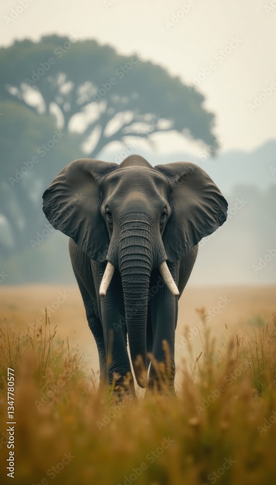 Obraz premium African elephant roaming in thick savannah fog, mist, wildlife
