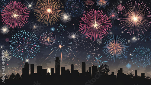 City skyline fireworks display vibrant colors night celebration