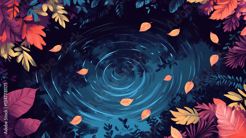 leaves floating on a forest stream or pond, leaf litter, riverine vegetation, floating leaves, serpentine path, reflection pool. Serpentine Reflection. Illustration