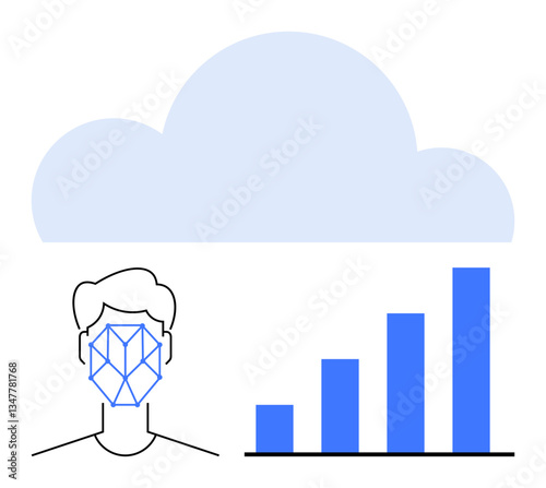 Facial recognition with geometric patterns connected to cloud and bar chart. Ideal for AI, security, cloud storage, data analytics, biometric identification, innovation, and technological advancement
