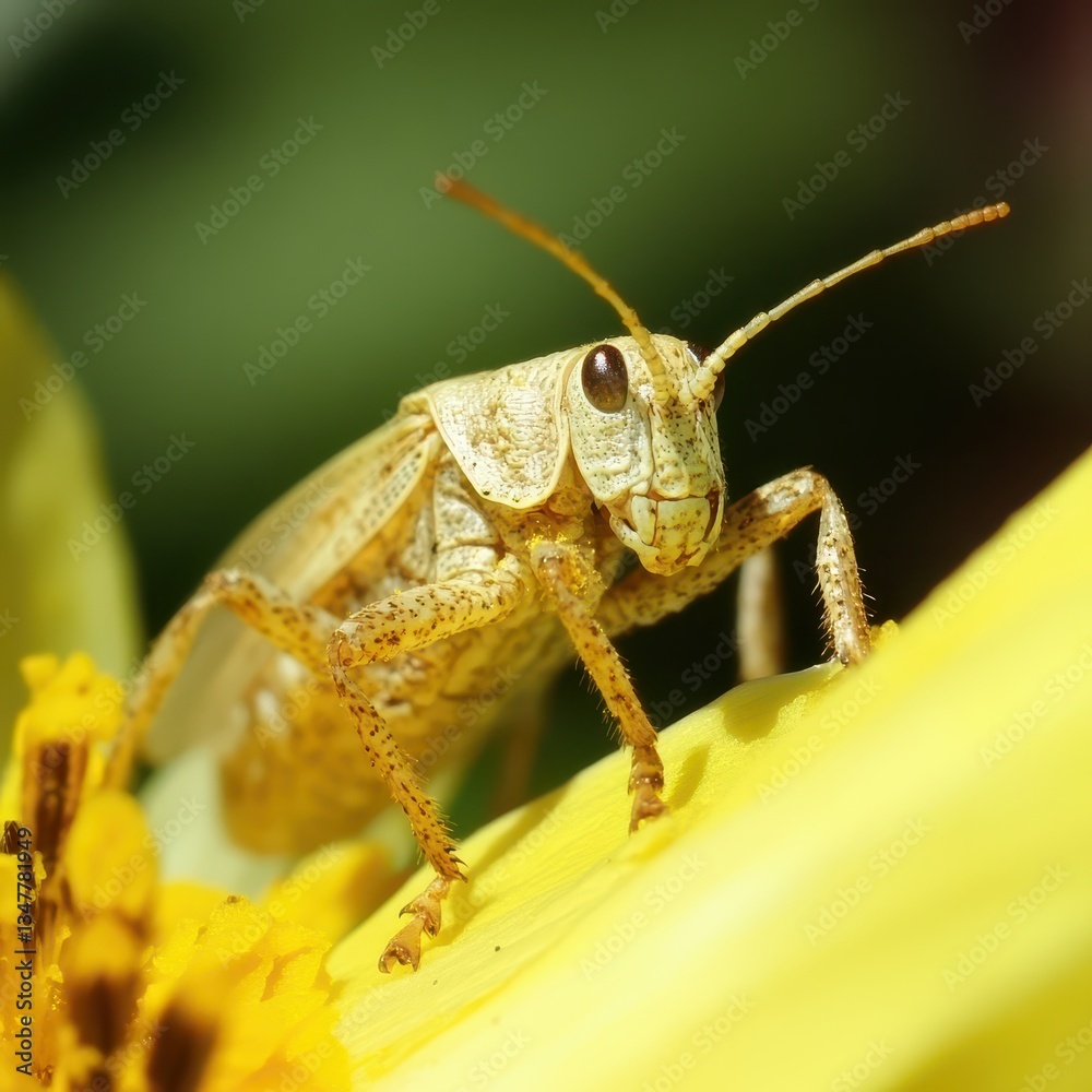 Fototapeta premium Grasshopper on a yellow flower petal