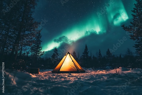A snapshot reveals a tent erected under the aurora’s shine, nestled in a natural setting with sky lights, offering a comfy, daring retreat.  
 photo