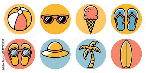 Summer icons, beach, vacation items.