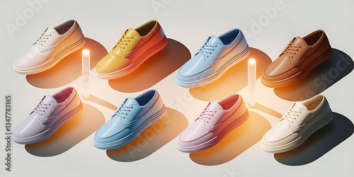 Colorful shoes in various shades. Stylish footwear collection.