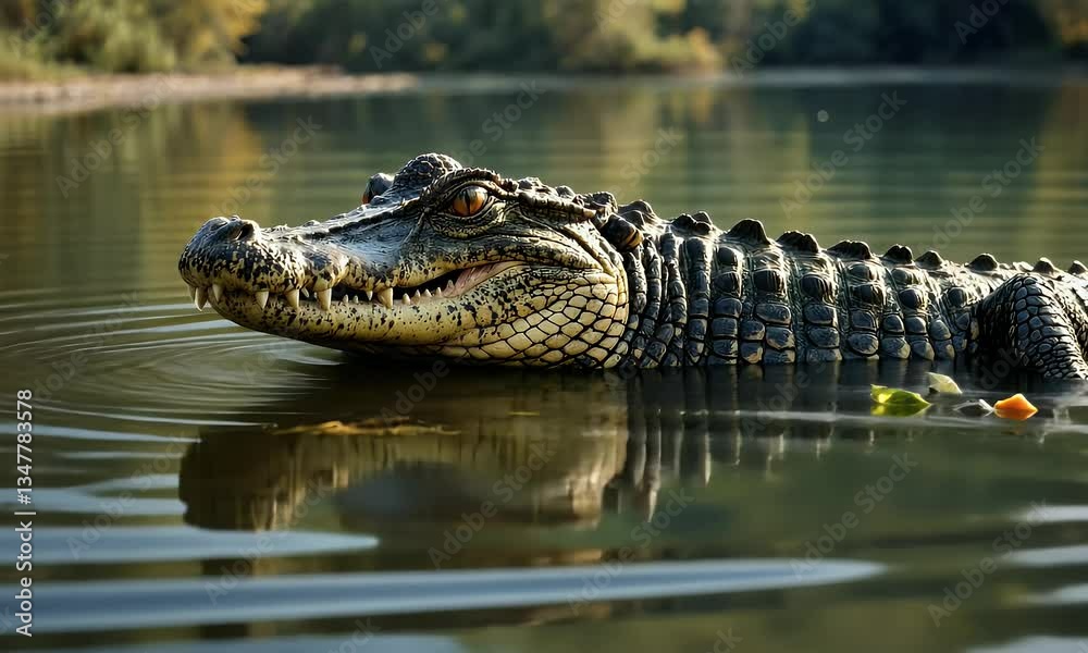 A crocodile partially submerged in calm water, showcasing its textured skin and reflective environment. A crocodile partially submerged in calm water, showcasing its textured skin and reflective environment.