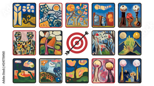 Colorful abstract art, diverse styles, target imagery.
