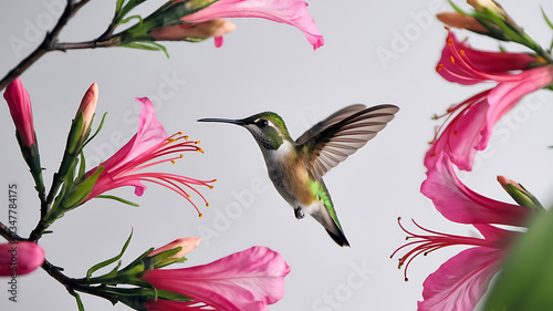 Hummingbird surrounded by pink flowers. A delicate, vibrant scene.
