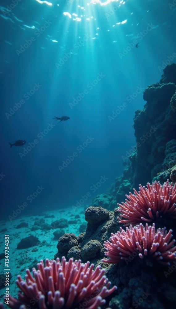 Obraz premium Calm, mysterious dark blue ocean surface reflected in coral reef, ocean surface, underwater, blue