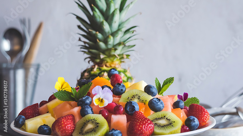 Colorful fruit salad, a pineapple centerpiece.
