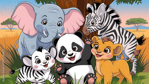 Cute cartoon African animal group