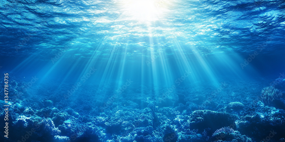 Underwater view of sunlight rays penetrating the ocean depths Underwater view of sunlight rays penetrating the ocean depths