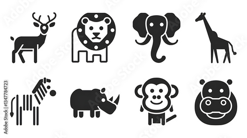 Simple black and white icons of African animals.
