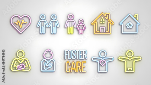 Neon icons representing foster care, families, and health.
