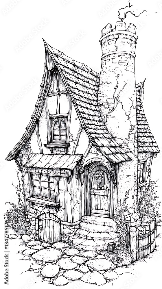 Fototapeta premium Enchanting Stone Cottage Illustration Fairytale House Drawing