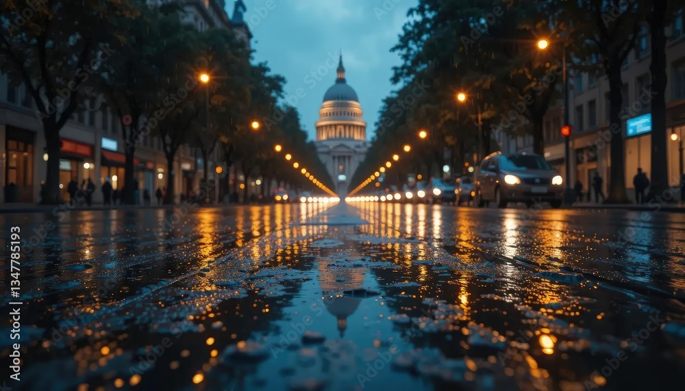 Fototapeta premium rain alters cityscape, offering a fresh outlook on well-known structures and landmarks as they shimmer in rain