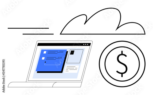 Laptop screen displaying content with a dollar icon and cloud element. Ideal for business, cloud storage, digital transactions, e-commerce, financial tools, online solutions, flat simple metaphor