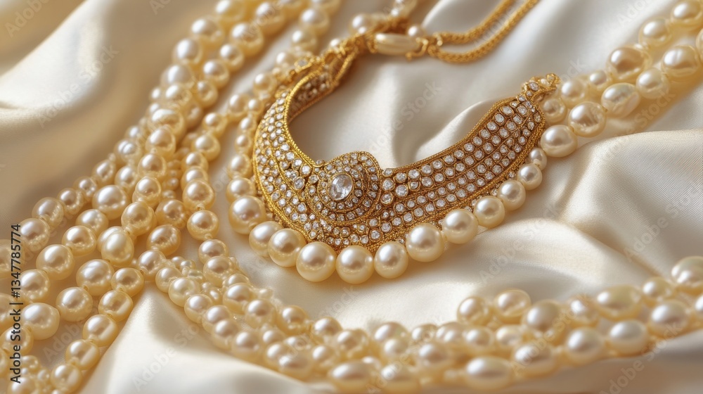 A delicate gold and pearl bridal necklace set arranged on a smooth white satin background. A delicate gold and pearl bridal necklace set arranged on a smooth white satin background.