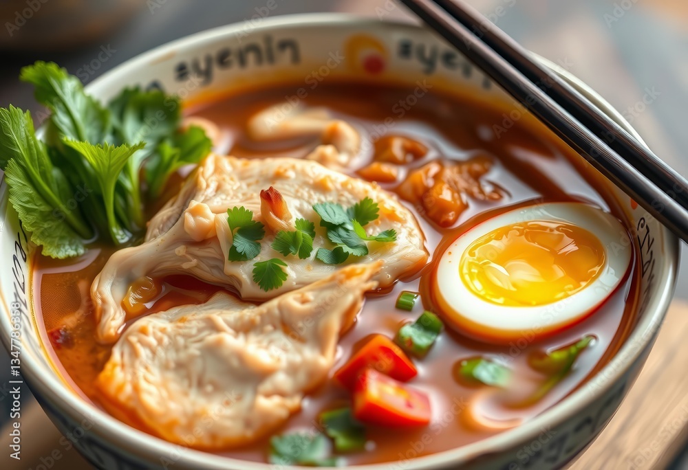 Tender chicken, soft-boiled egg, and fresh vegetables in a rich ramen broth, food, ingredient Tender chicken, soft-boiled egg, and fresh vegetables in a rich ramen broth, food, ingredient